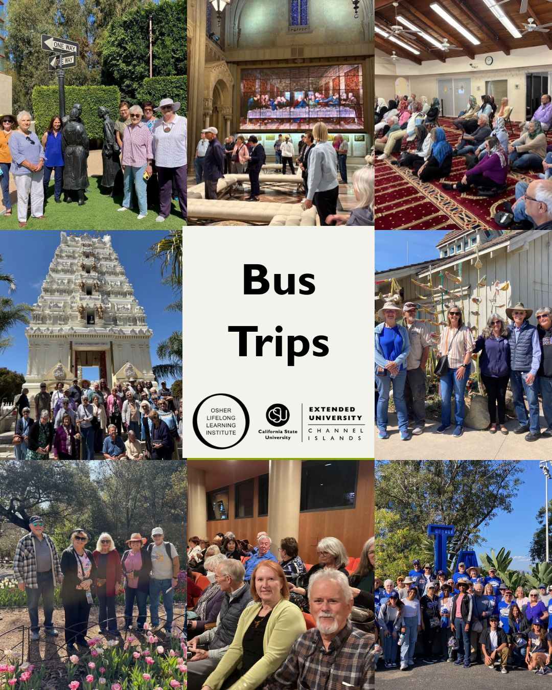 A collage of various OLLI bus trips