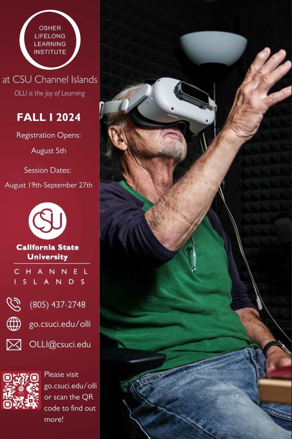 OLLI Fall I 2024 Catalog Cover, depicting an OLLI member wearing a Virtual Reality viewing headset in an OLLI class. The cover states that Registration opens August 5th. The session dates are August 19th through September 27th.