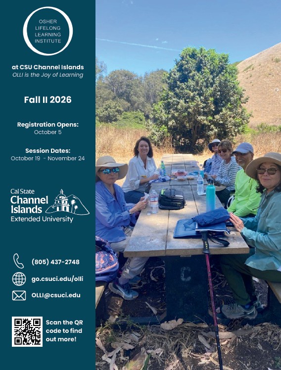 OLLI members gather around a picnic table in a sunny outdoor setting. The cover includes Fall II 2026 registration dates, session dates, and OLLI at CSU Channel Islands contact information.